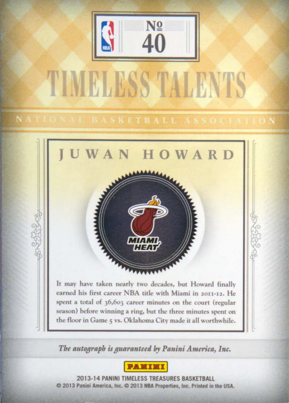 Back view of Juwan Howard 2013-14 Panini Timeless Treasures #40 showing stats for Miami Heat