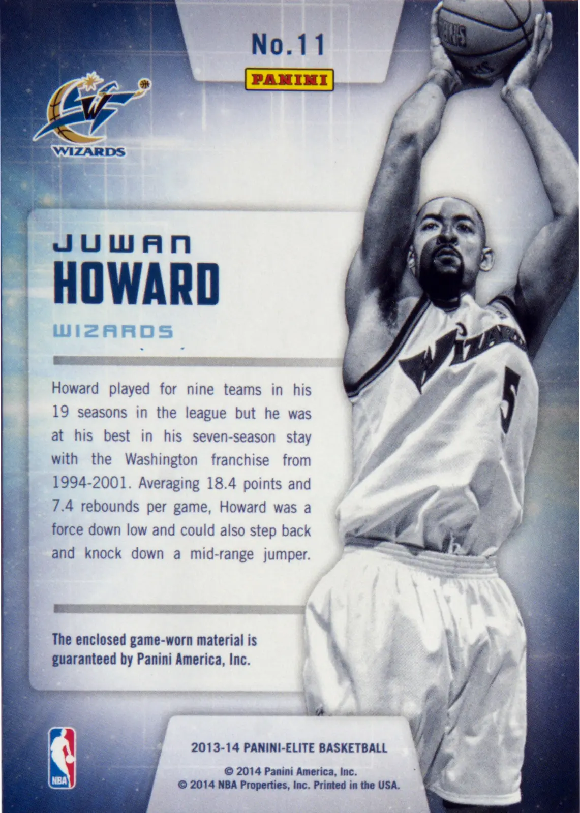 Back view of Juwan Howard 2013-14 Panini Elite #11 showing stats for Washington Wizards