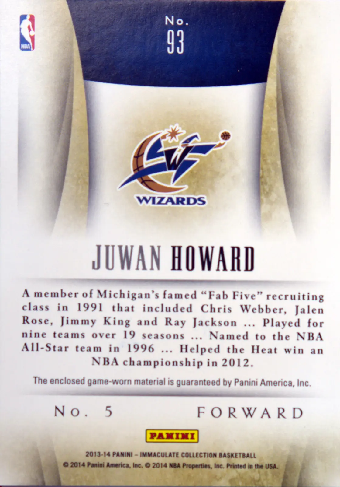Back view of Juwan Howard 2013-14 Panini Immaculate Collection #93 showing stats for Washington Wizards