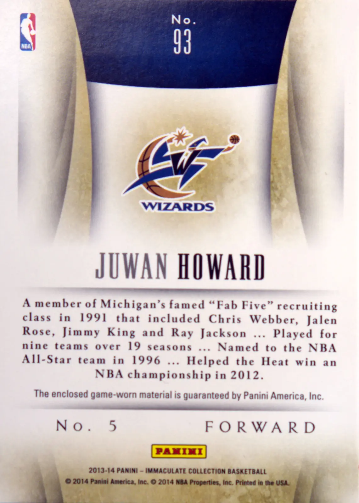 Back view of Juwan Howard 2013-14 Panini Immaculate Collection #93 showing stats for Washington Wizards
