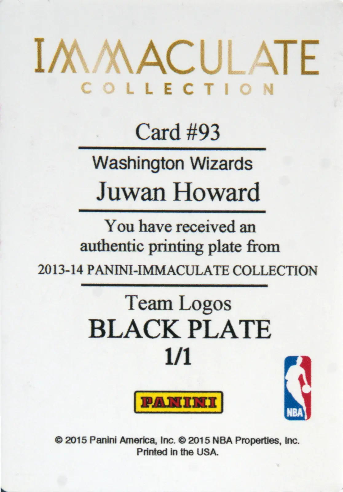 Back view of Juwan Howard 2013-14 Panini Immaculate Collection #93 showing stats for Washington Wizards