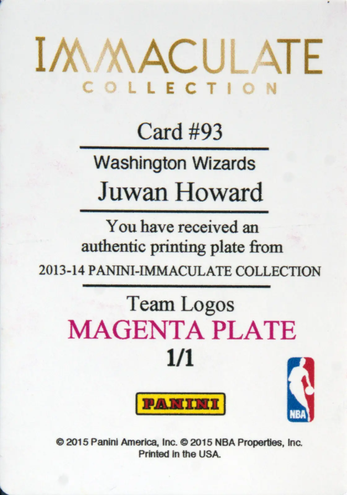 Back view of Juwan Howard 2013-14 Panini Immaculate Collection #93 showing stats for Washington Wizards