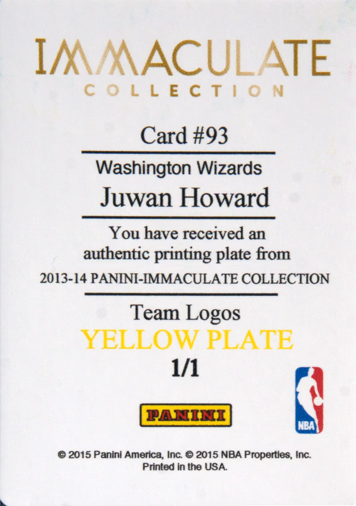 Back scan of 2013-14 Panini Immaculate Collection Juwan Howard showing stats for Washington Wizards - Juwan Howard Collector Private Collection