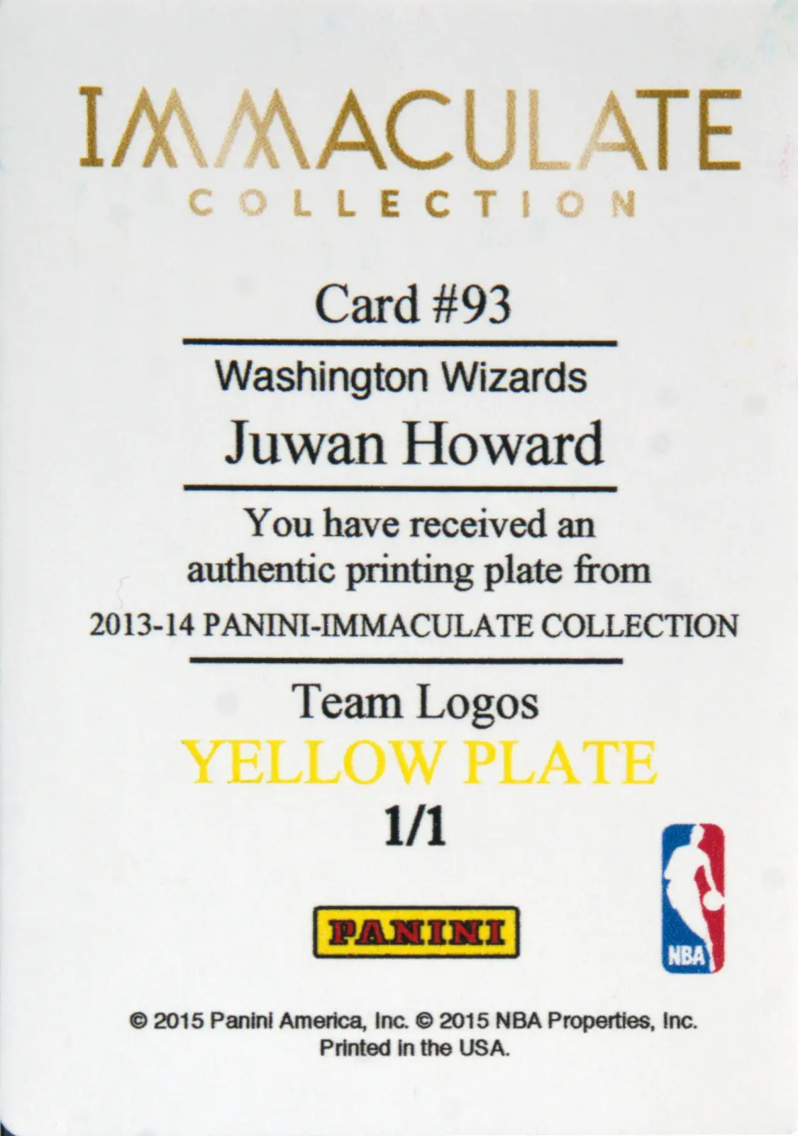 Back view of Juwan Howard 2013-14 Panini Immaculate Collection #93 showing stats for Washington Wizards