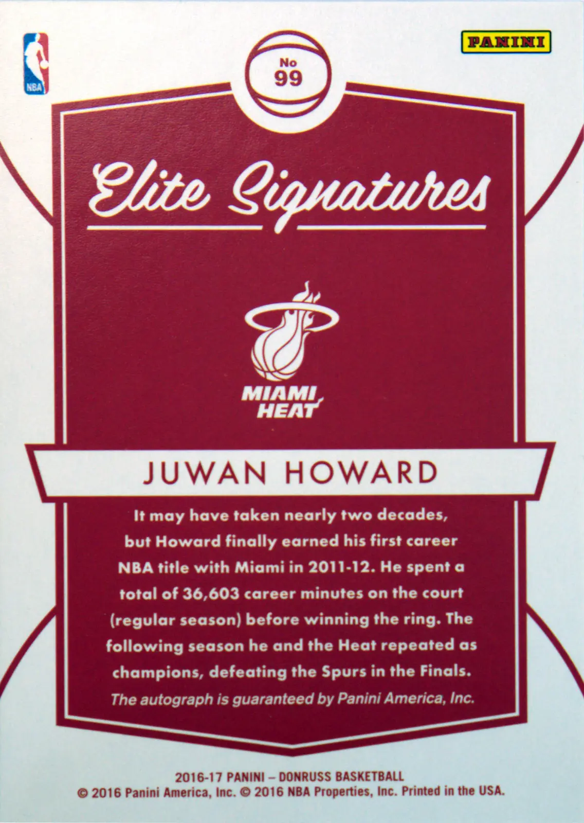 Back view of Juwan Howard 2016-17 Panini Donruss #99 showing stats for Miami Heat