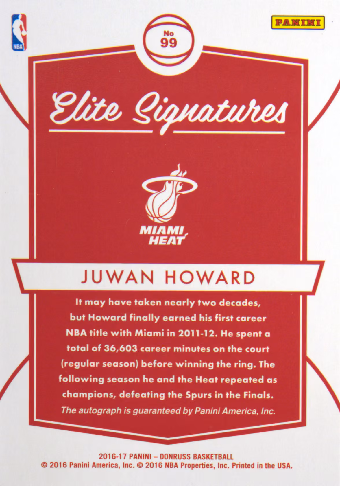 Back scan of 2016-17 Panini Donruss Juwan Howard showing stats for Miami Heat - Juwan Howard Collector Private Collection