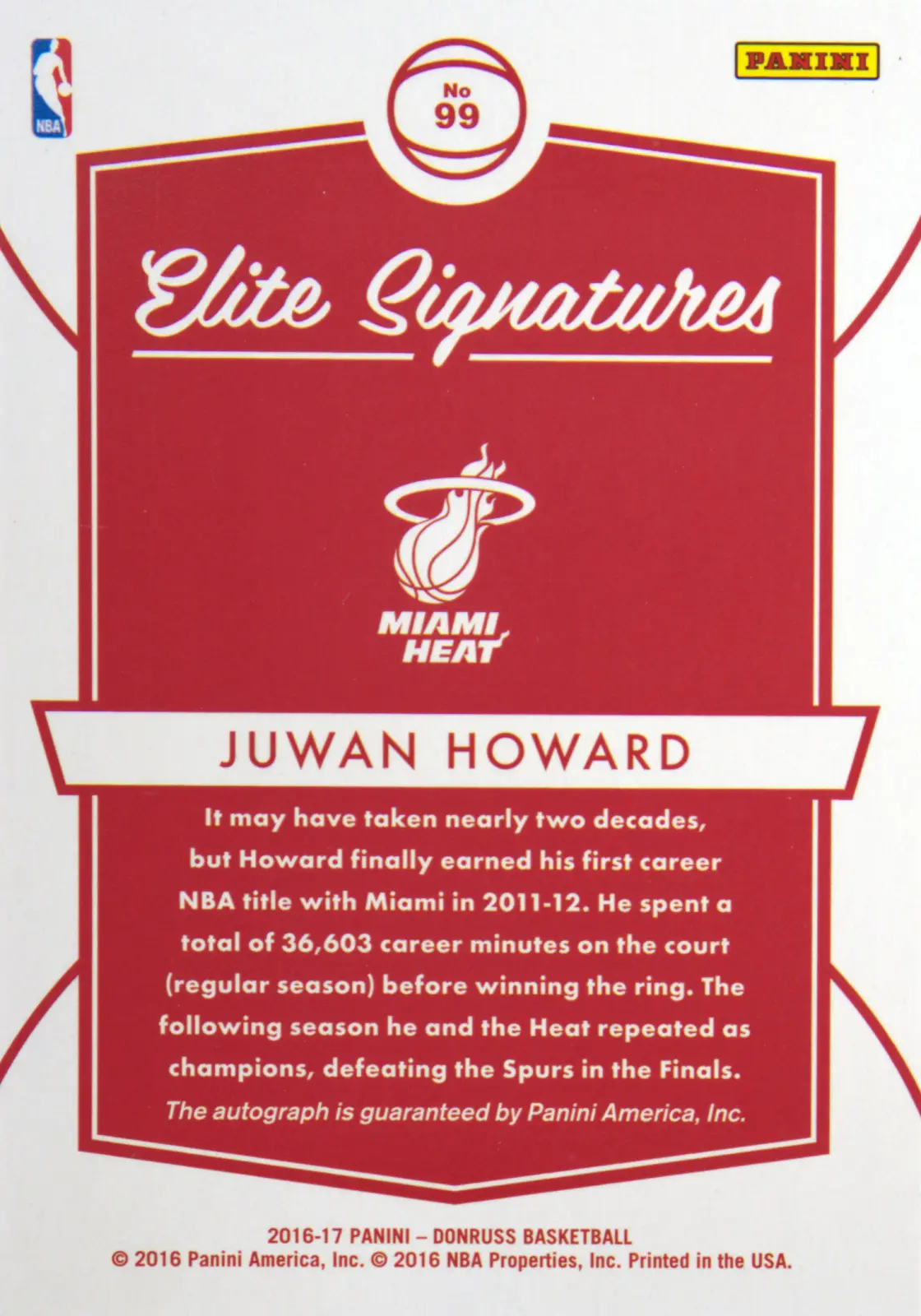 Back view of Juwan Howard 2016-17 Panini Donruss #99 showing stats for Miami Heat