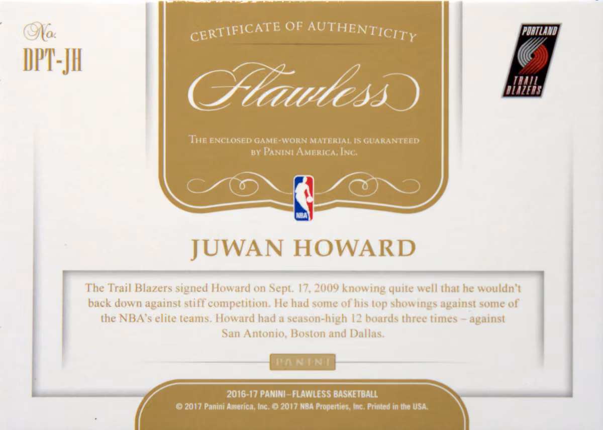 Back scan of 2016-17 Panini Flawless Juwan Howard showing stats for Portland Trail Blazers - Juwan Howard Collector Private Collection