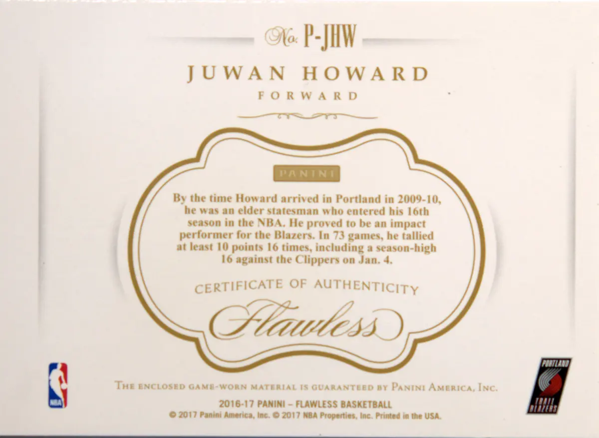 Back view of Juwan Howard 2016-17 Panini Flawless #DPT-JH showing stats for Portland Trail Blazers