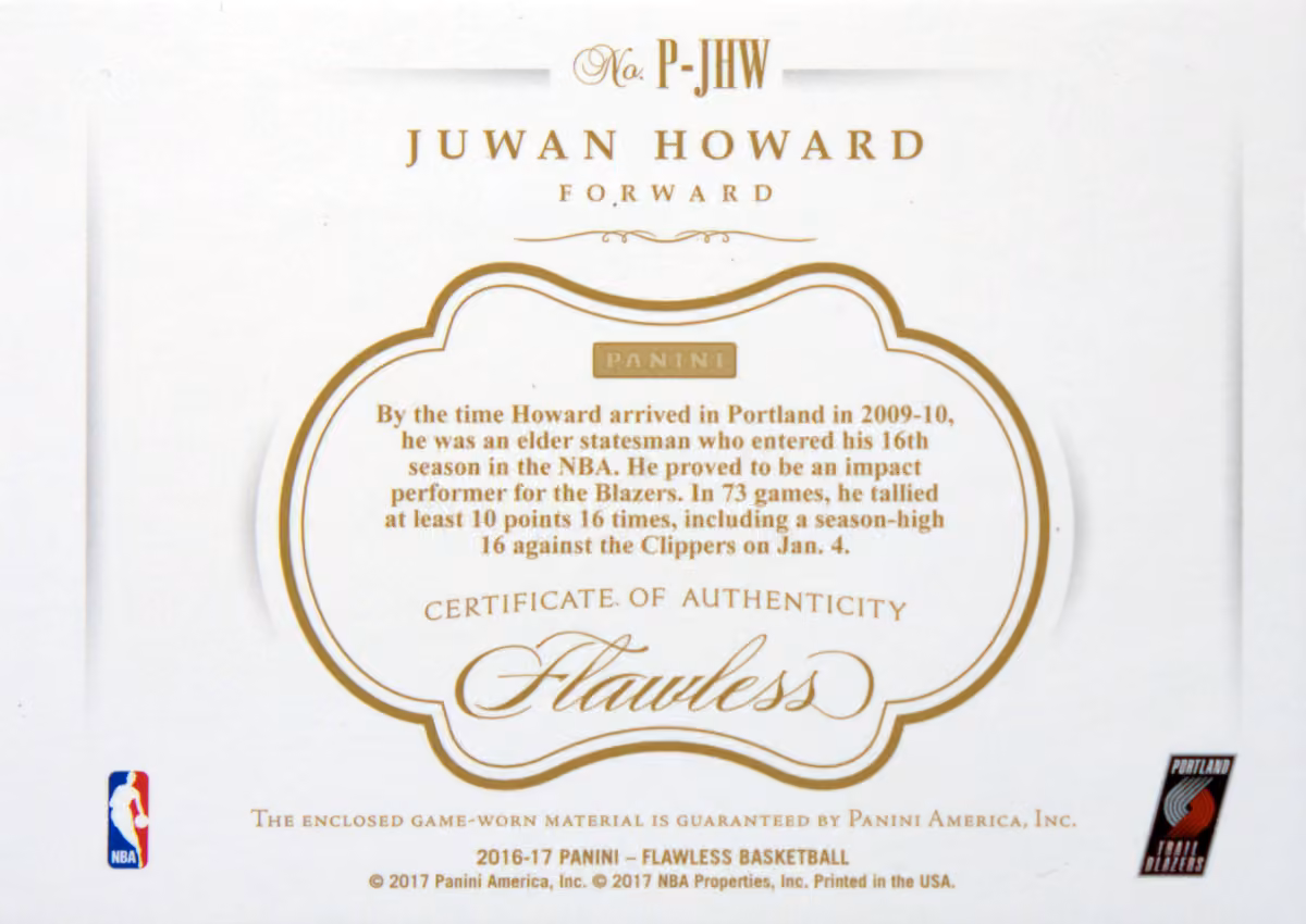 Back scan of 2016-17 Panini Flawless Juwan Howard showing stats for Portland Trail Blazers - Juwan Howard Collector Private Collection