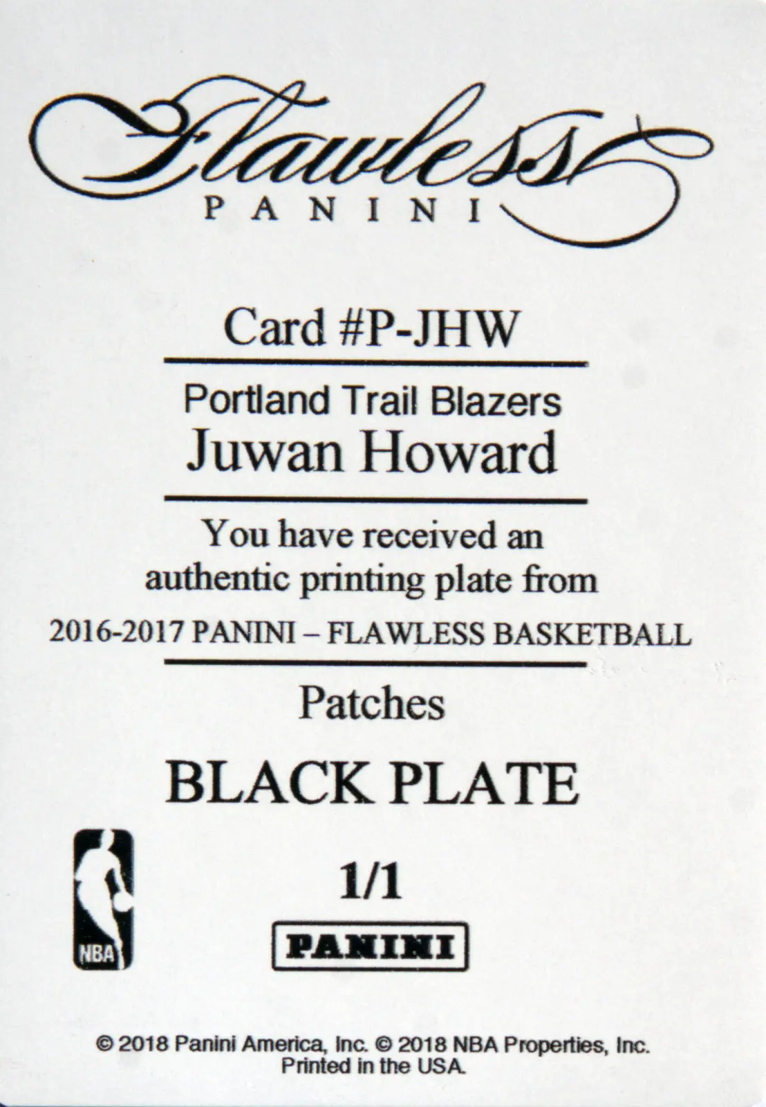 Back view of Juwan Howard 2016-17 Panini Flawless #P-JHW showing stats for Portland Trail Blazers