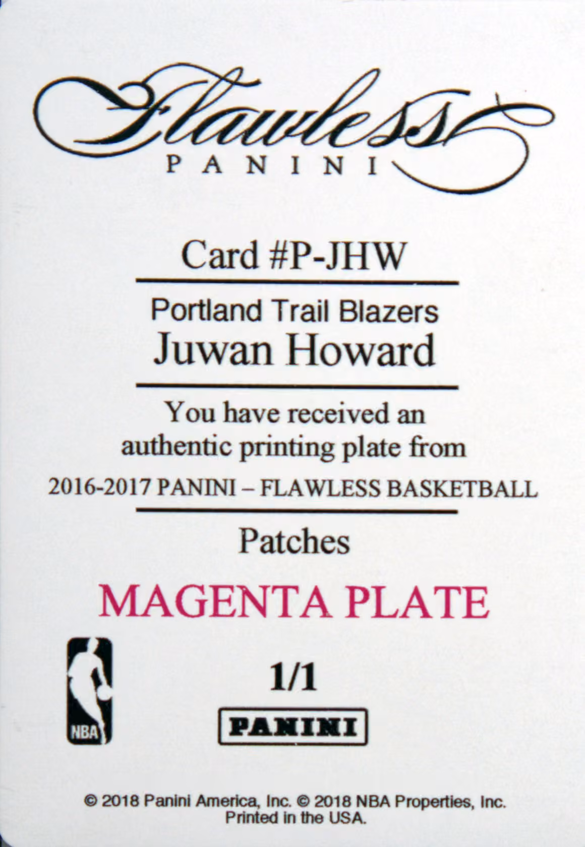 Back scan of 2016-17 Panini Flawless Juwan Howard showing stats for Portland Trail Blazers - Juwan Howard Collector Private Collection