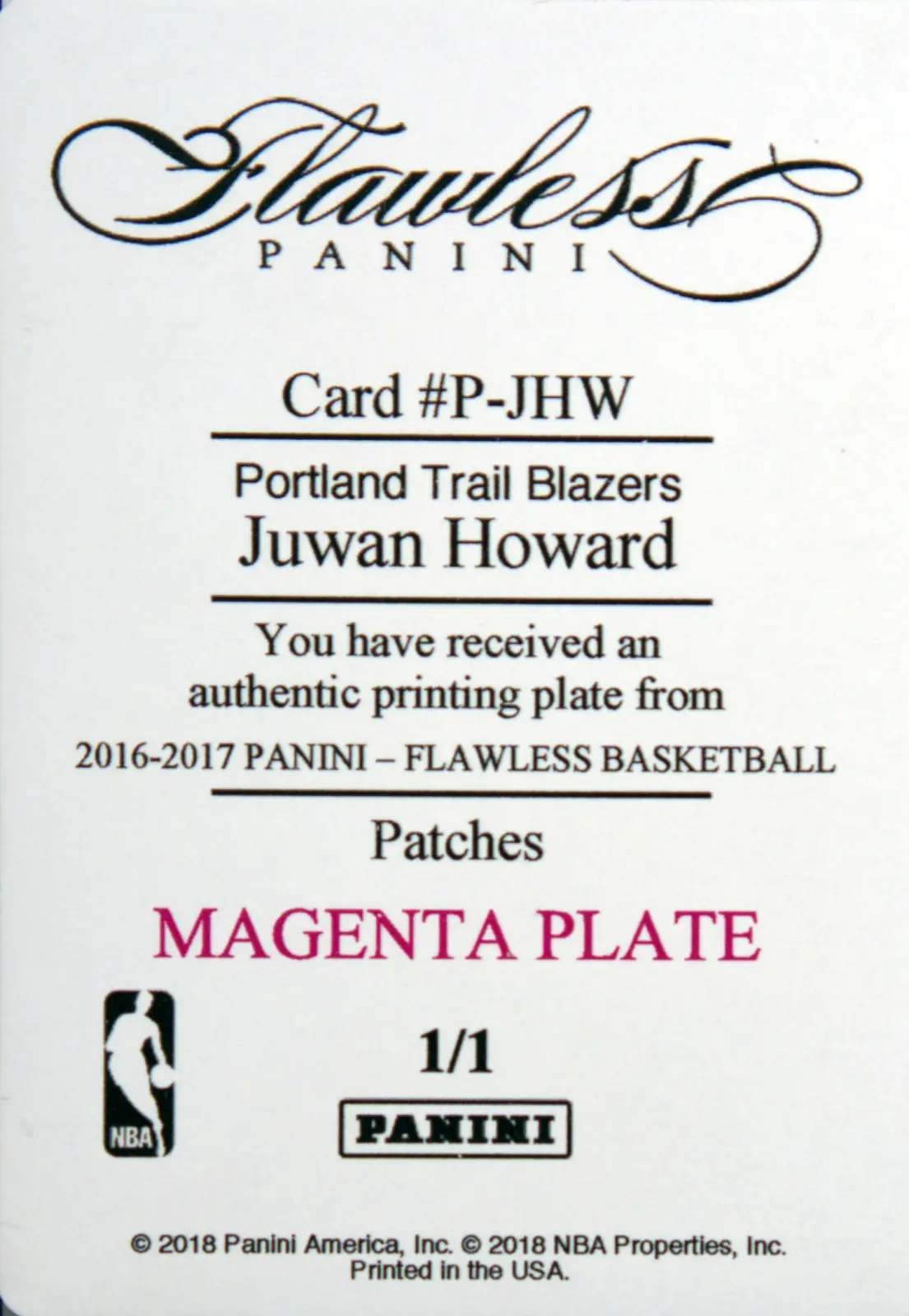 Back view of Juwan Howard 2016-17 Panini Flawless #P-JHW showing stats for Portland Trail Blazers