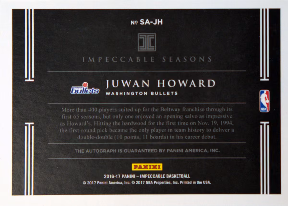 Back scan of 2016-17 Panini Impeccable Juwan Howard showing stats for Washington Bullets - Juwan Howard Collector Private Collection