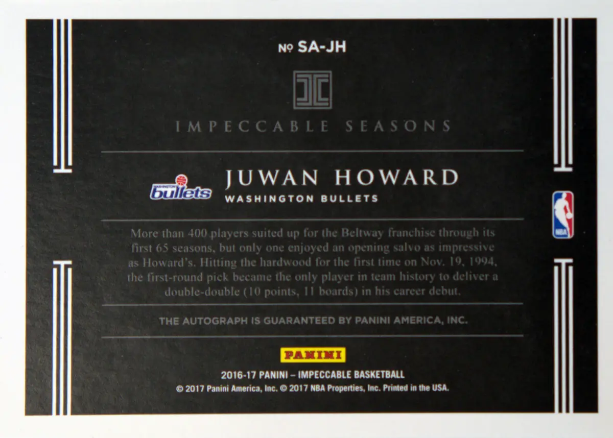 Back view of Juwan Howard 2016-17 Panini Impeccable #SA-JH showing stats for Washington Bullets