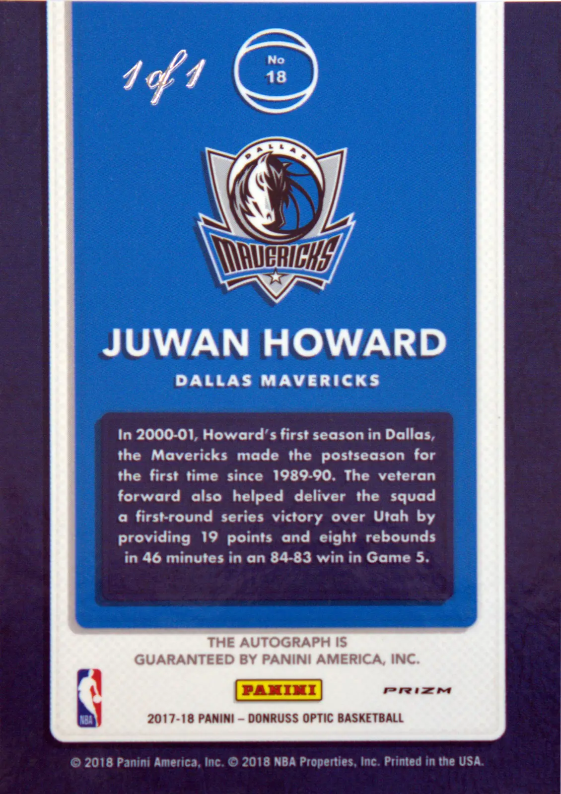 Back view of Juwan Howard 2017-18 Panini Donruss Optic #18 showing stats for Dallas Mavericks