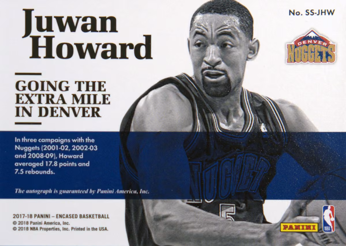 Back scan of 2017-18 Panini Encased Juwan Howard showing stats for Denver Nuggets - Juwan Howard Collector Private Collection