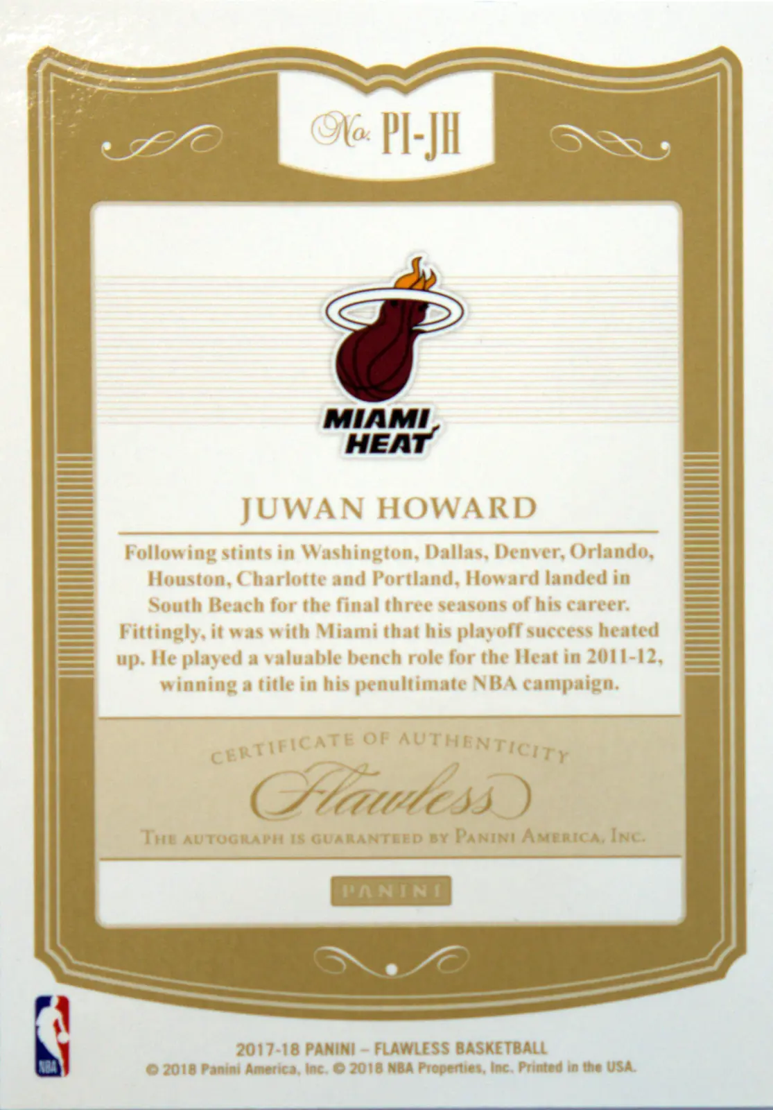 Back view of Juwan Howard 2017-18 Panini Flawless #PI-JH showing stats for Miami Heat
