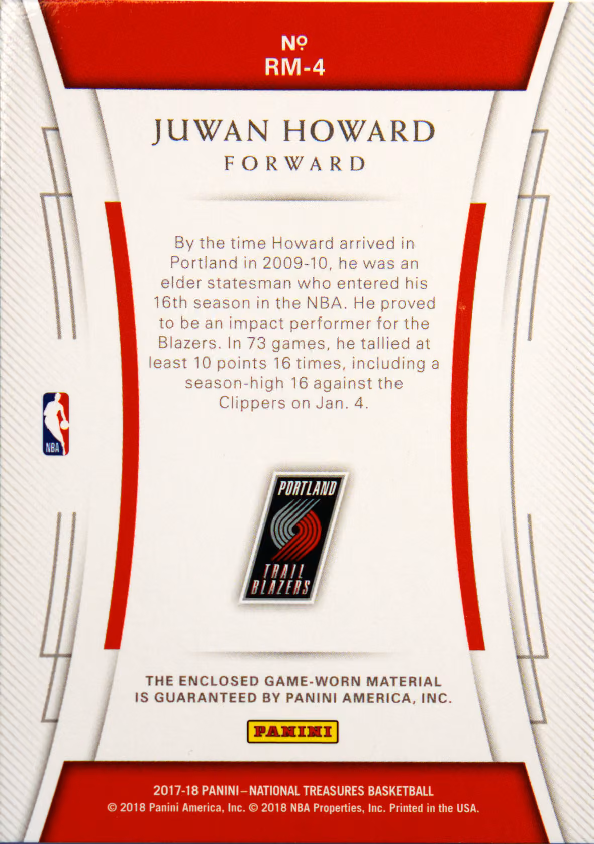 Back scan of 2017-18 Panini National Treasures Juwan Howard showing stats for Portland Trail Blazers - Juwan Howard Collector Private Collection