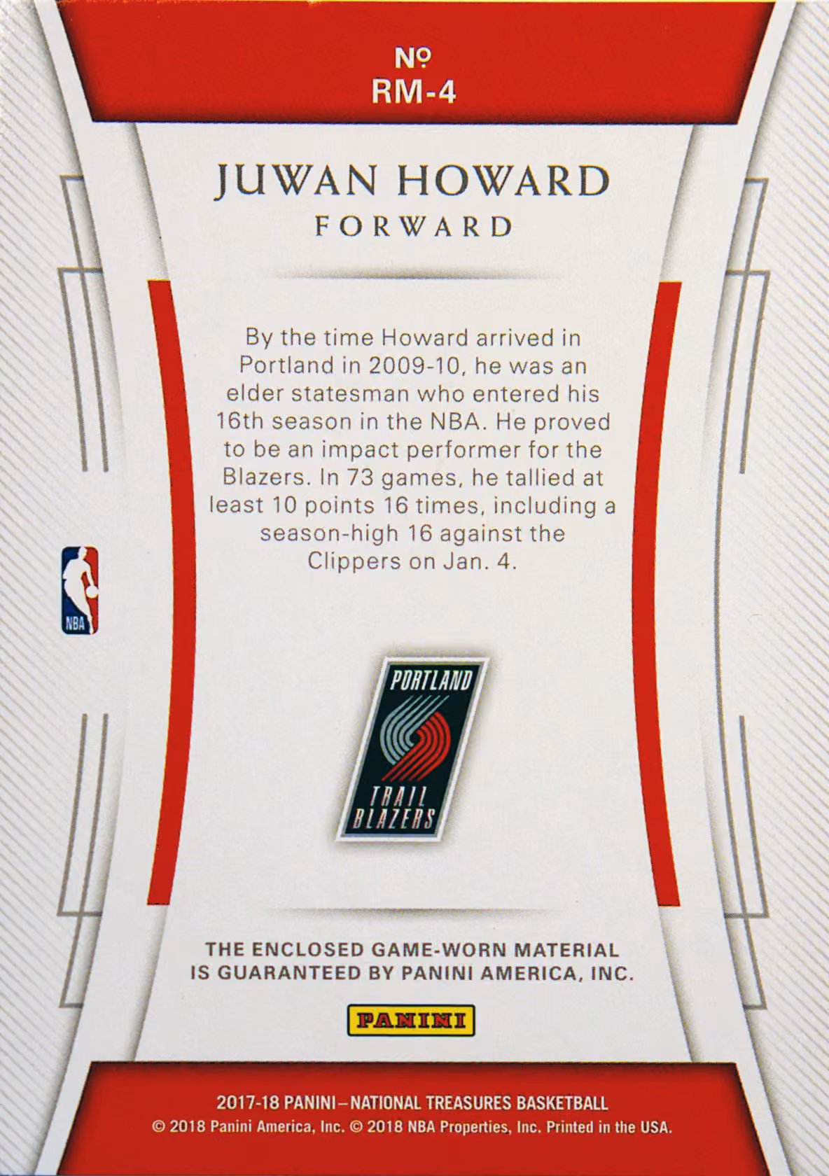 Back scan of 2017-18 Panini National Treasures Juwan Howard showing stats for Portland Trail Blazers - Juwan Howard Collector Private Collection