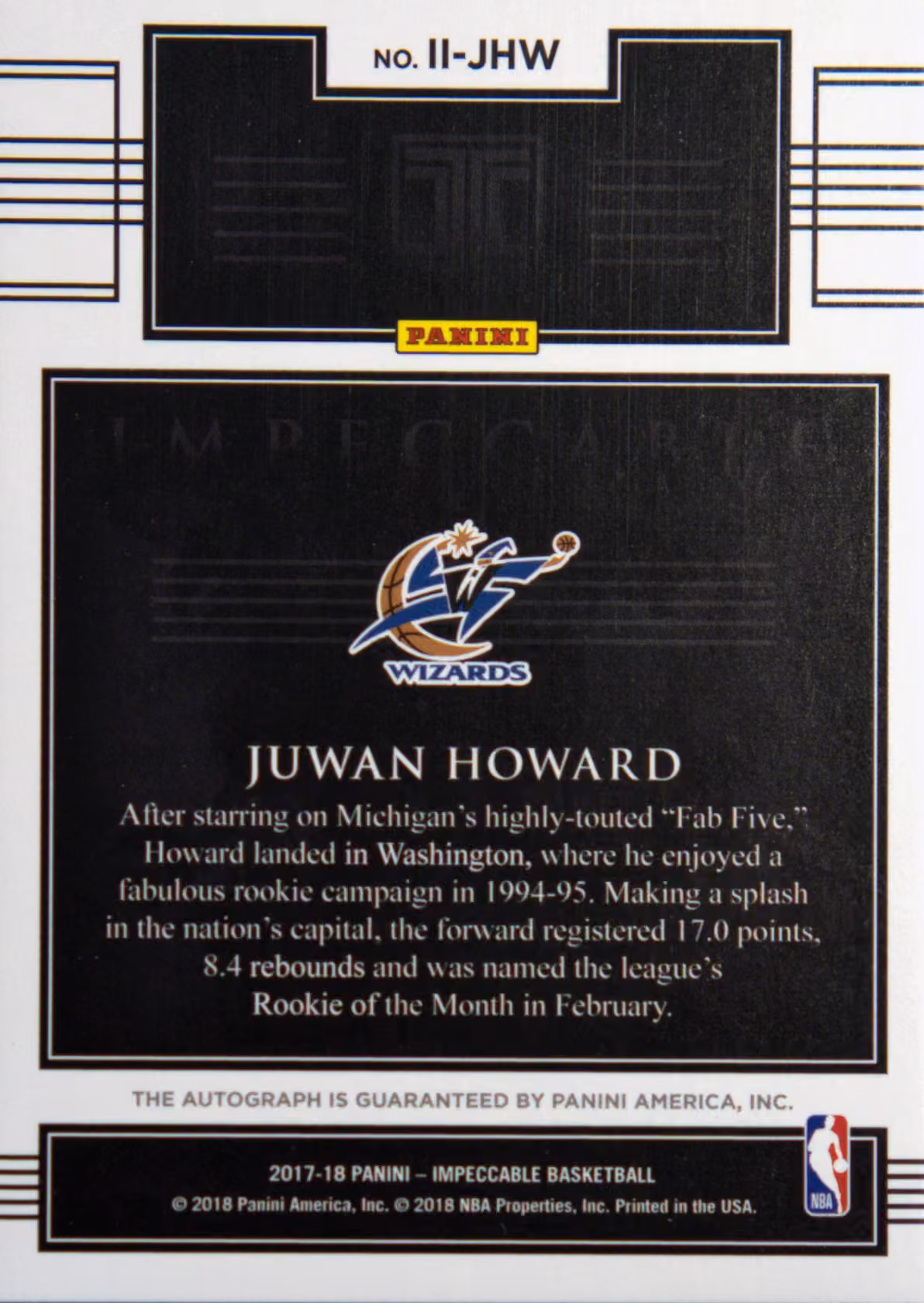 Back scan of 2017-18 Panini Impeccable Juwan Howard showing stats for Washington Bullets - Juwan Howard Collector Private Collection