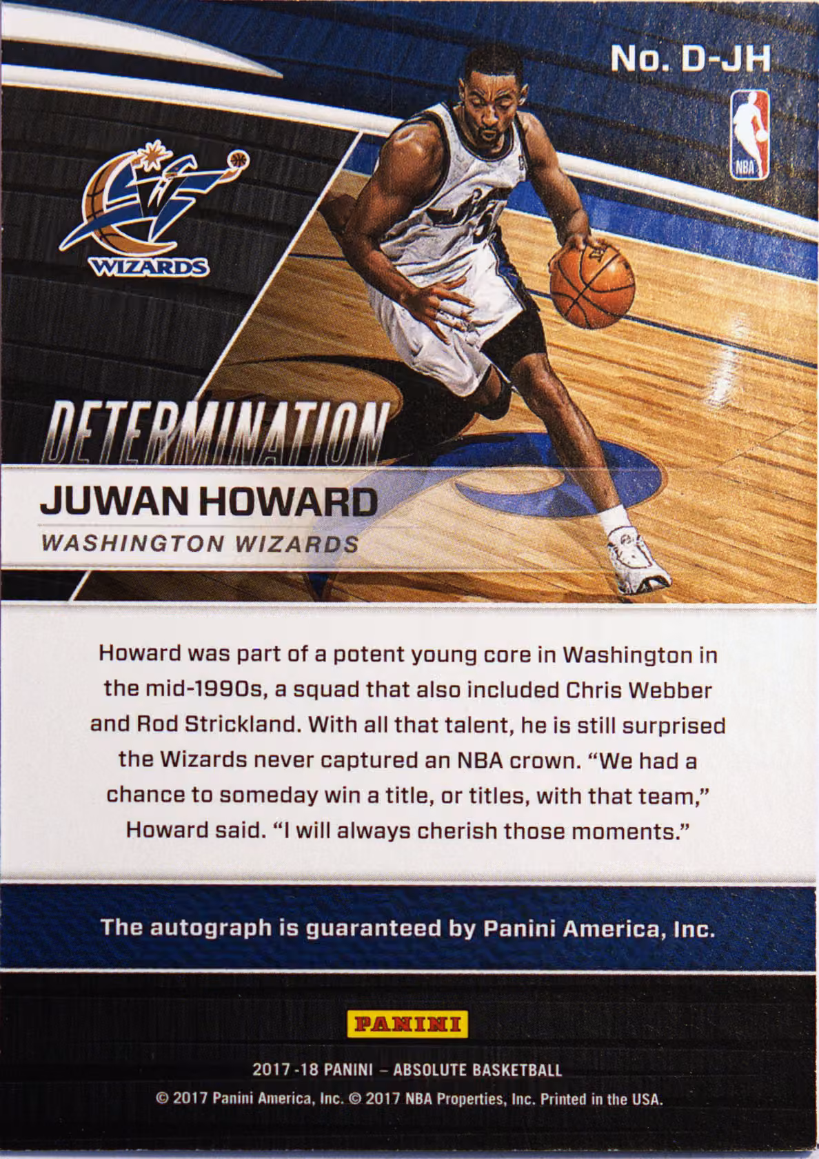 Back scan of 2017-18 Panini Absolute Memorabilia Juwan Howard showing stats for Washington Wizards - Juwan Howard Collector Private Collection