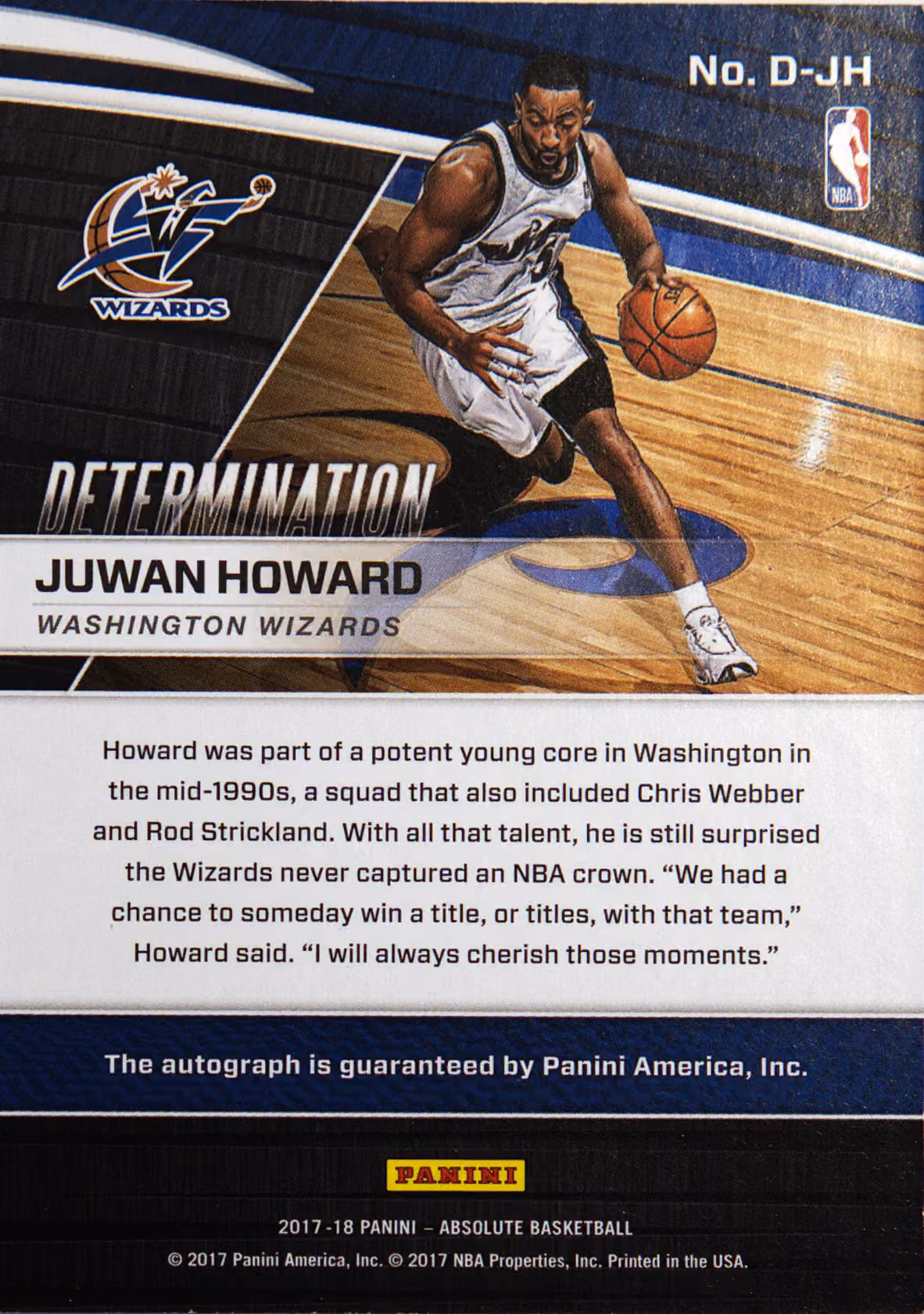 Back scan of 2017-18 Panini Absolute Memorabilia Juwan Howard showing stats for Washington Wizards - Juwan Howard Collector Private Collection