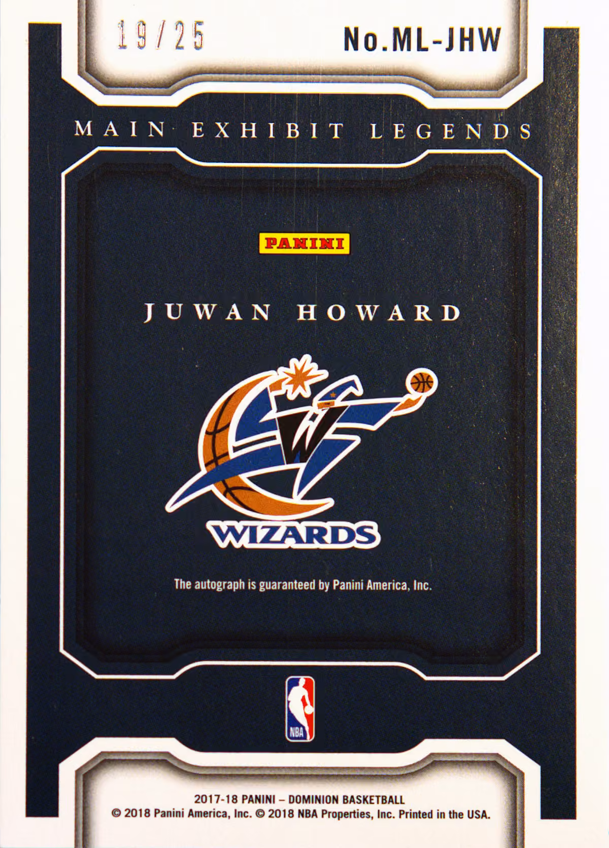 Back scan of 2017-18 Panini Dominion Juwan Howard showing stats for Washington Wizards - Juwan Howard Collector Private Collection