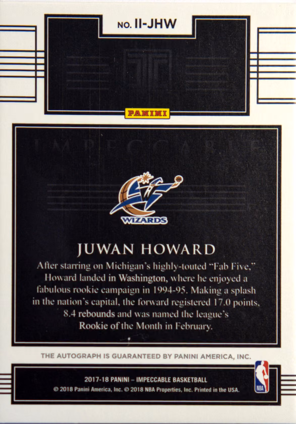 Back scan of 2017-18 Panini Impeccable Juwan Howard showing stats for Washington Wizards - Juwan Howard Collector Private Collection