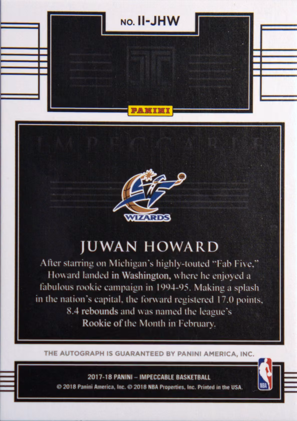 Back scan of 2017-18 Panini Impeccable Juwan Howard showing stats for Washington Wizards - Juwan Howard Collector Private Collection