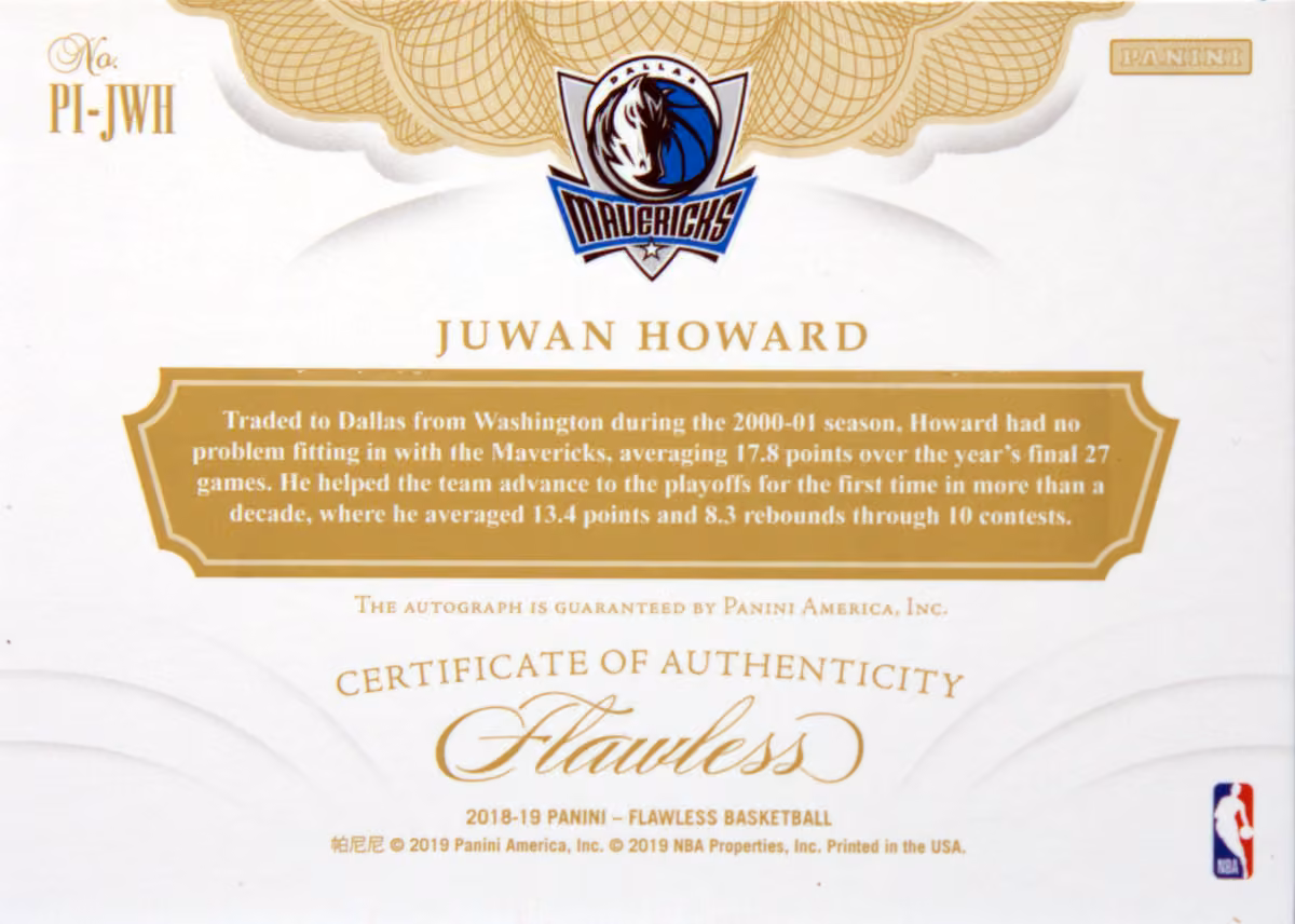 Back scan of 2018-19 Panini Flawless Juwan Howard showing stats for Dallas Mavericks - Juwan Howard Collector Private Collection