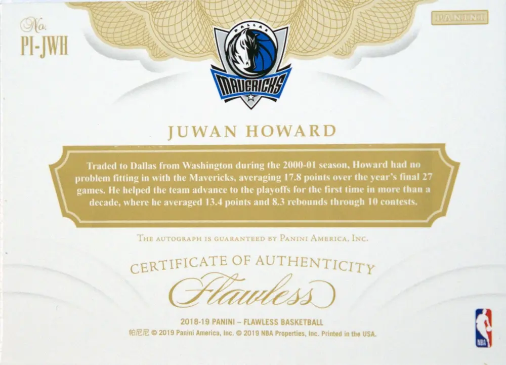 Back view of Juwan Howard 2018-19 Panini Flawless #PI-JWH showing stats for Dallas Mavericks