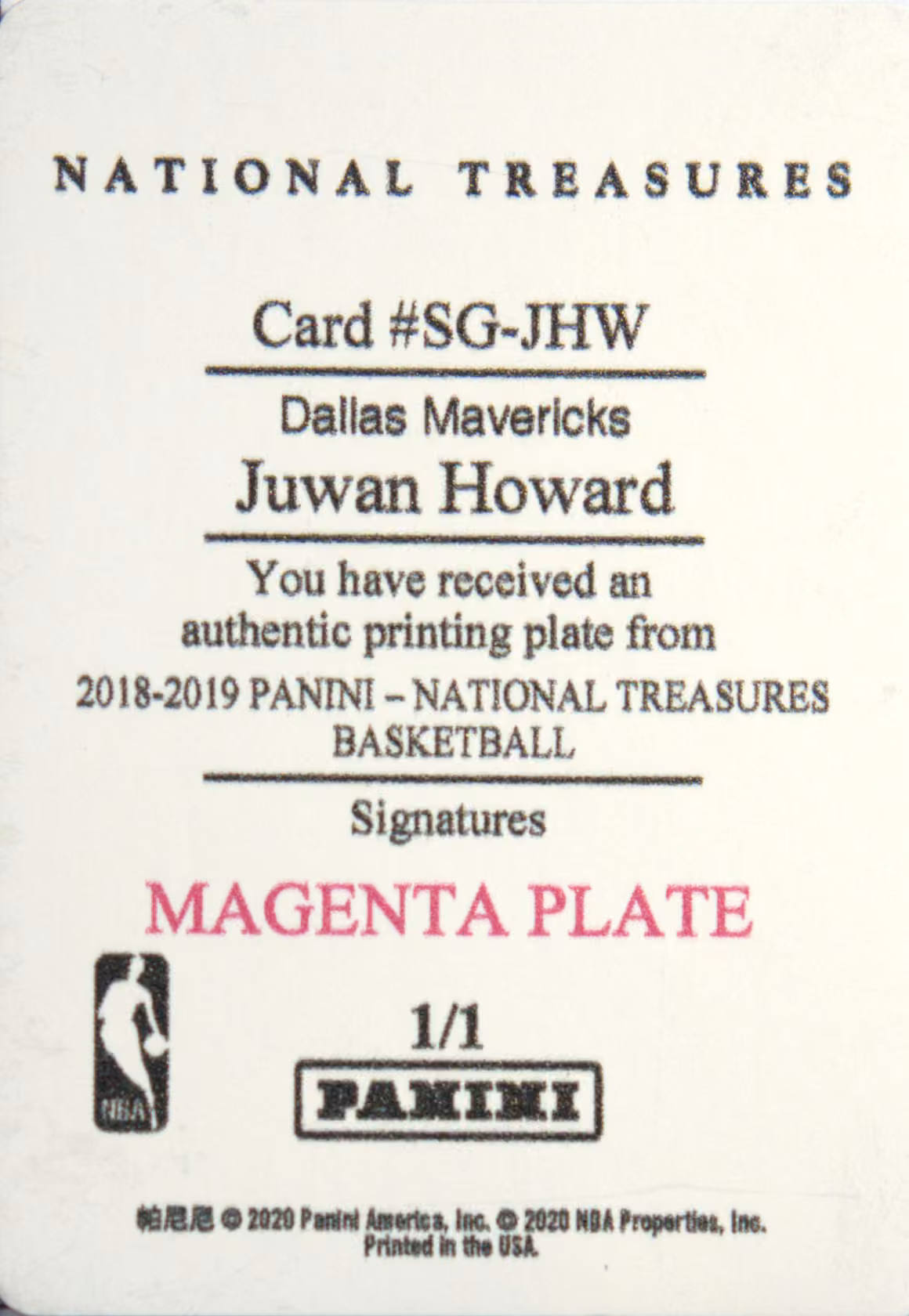 Back scan of 2018-19 Panini National Treasures Juwan Howard showing stats for Dallas Mavericks - Juwan Howard Collector Private Collection