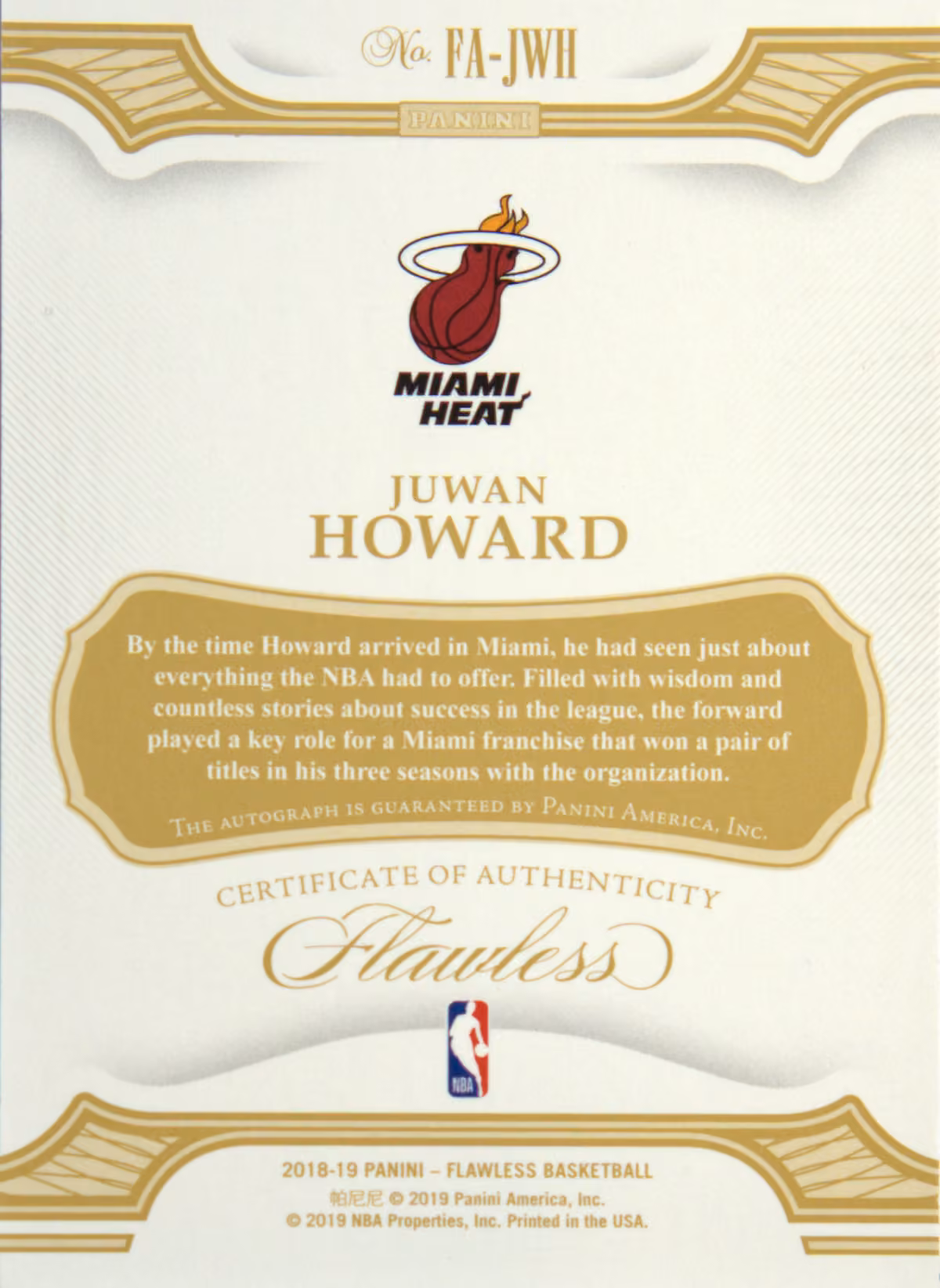 Back scan of 2018-19 Panini Flawless Juwan Howard showing stats for Miami Heat - Juwan Howard Collector Private Collection