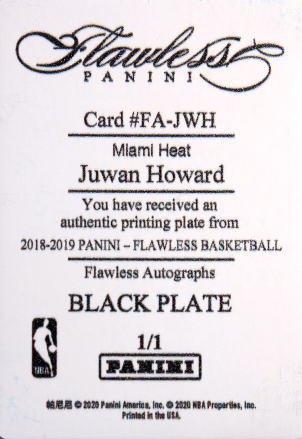 Back scan of 2018-19 Panini Flawless Juwan Howard showing stats for Miami Heat - Juwan Howard Collector Private Collection