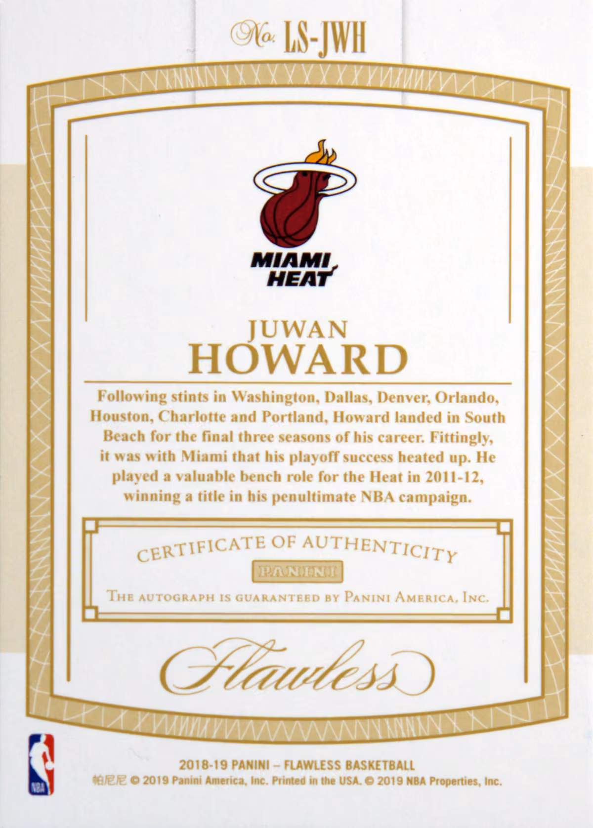 Back scan of 2018-19 Panini Flawless Juwan Howard showing stats for Miami Heat - Juwan Howard Collector Private Collection