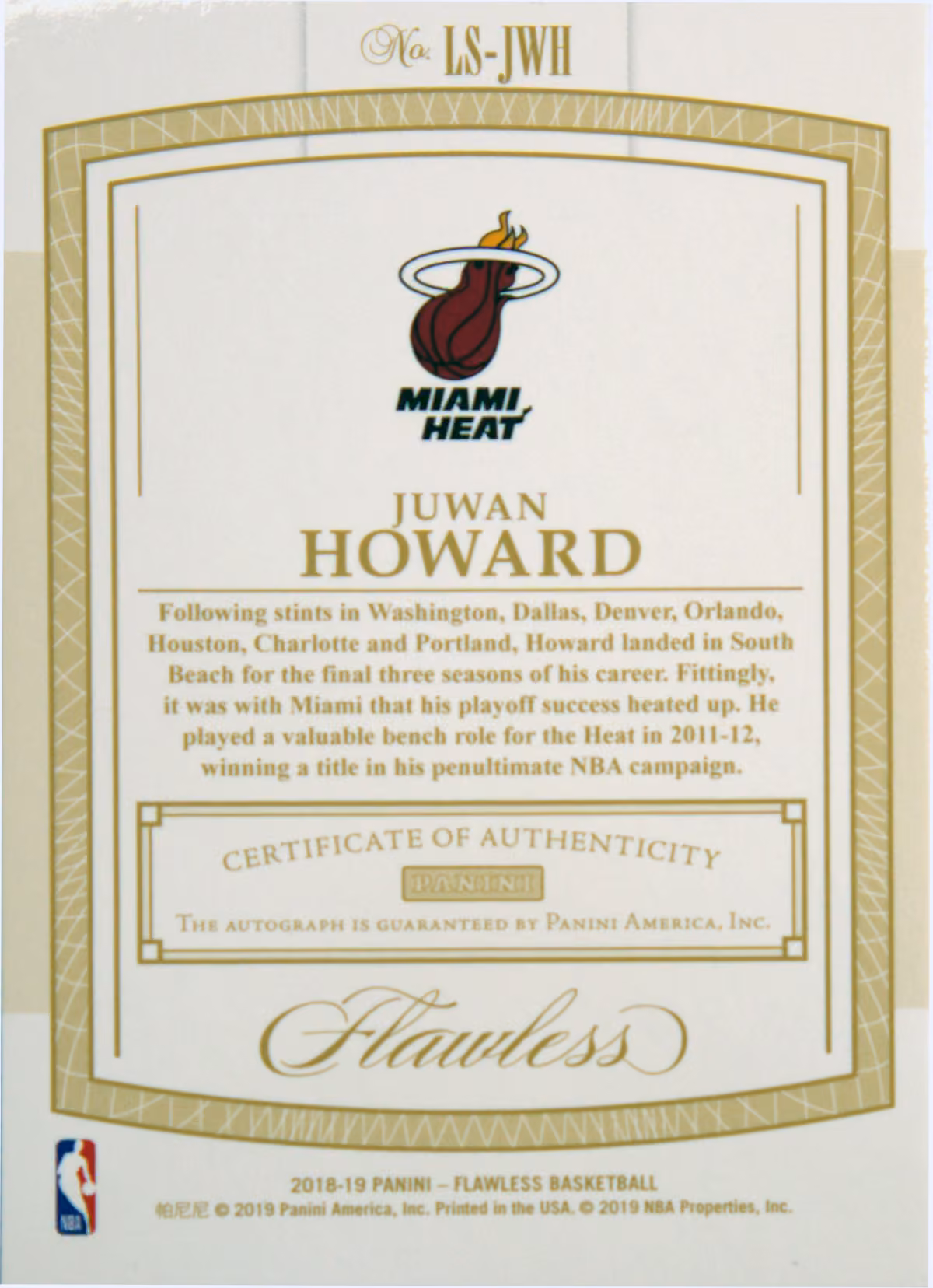 Back scan of 2018-19 Panini Flawless Juwan Howard showing stats for Miami Heat - Juwan Howard Collector Private Collection