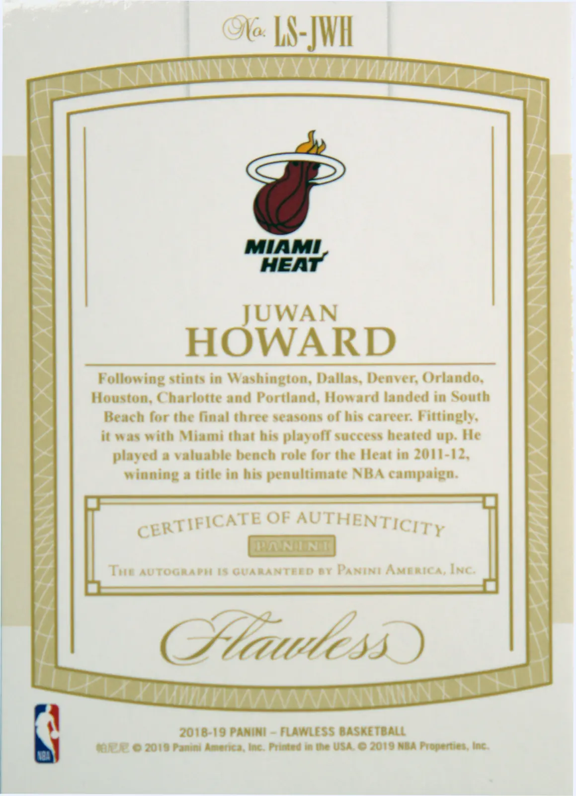 Back view of Juwan Howard 2018-19 Panini Flawless #LS-JWH showing stats for Miami Heat