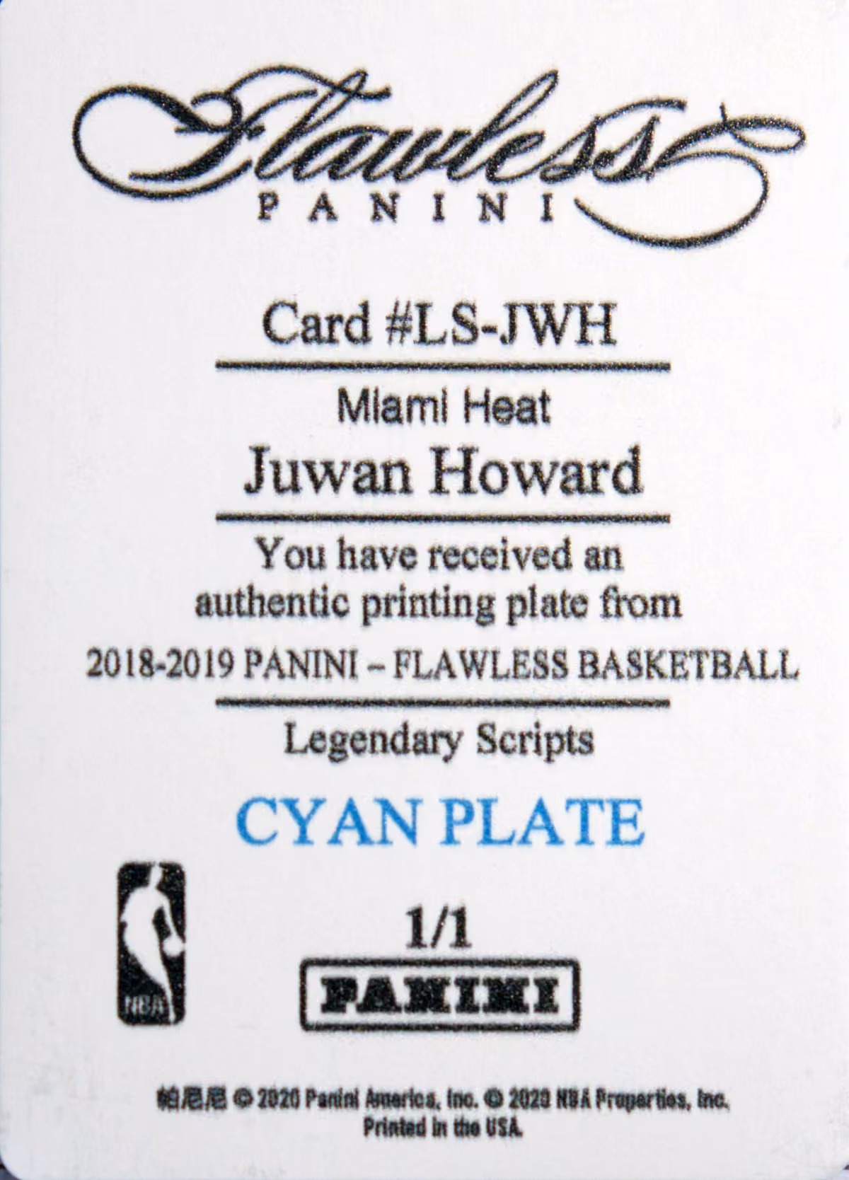 Back scan of 2018-19 Panini Flawless Juwan Howard showing stats for Miami Heat - Juwan Howard Collector Private Collection