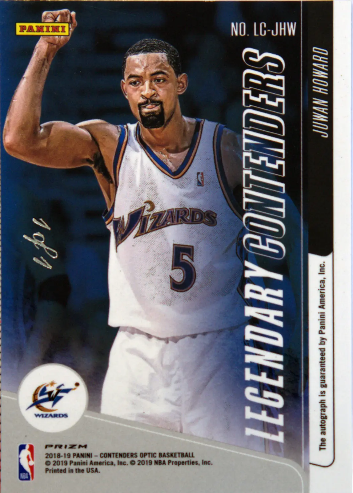 Back view of Juwan Howard 2018-19 Panini Contenders Optic #LC-JWH showing stats for Washington Wizards