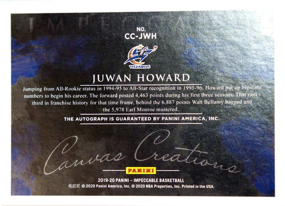 Back view of Juwan Howard 2019-20 Panini Impeccable #CC-JWH showing stats for Dallas Mavericks