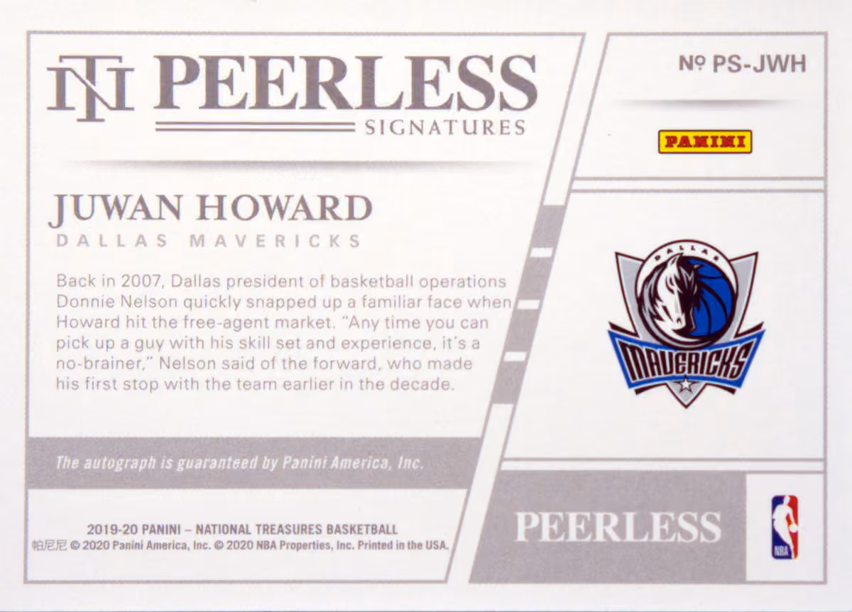 Back scan of 2019-20 Panini National Treasures Juwan Howard showing stats for Dallas Mavericks - Juwan Howard Collector Private Collection