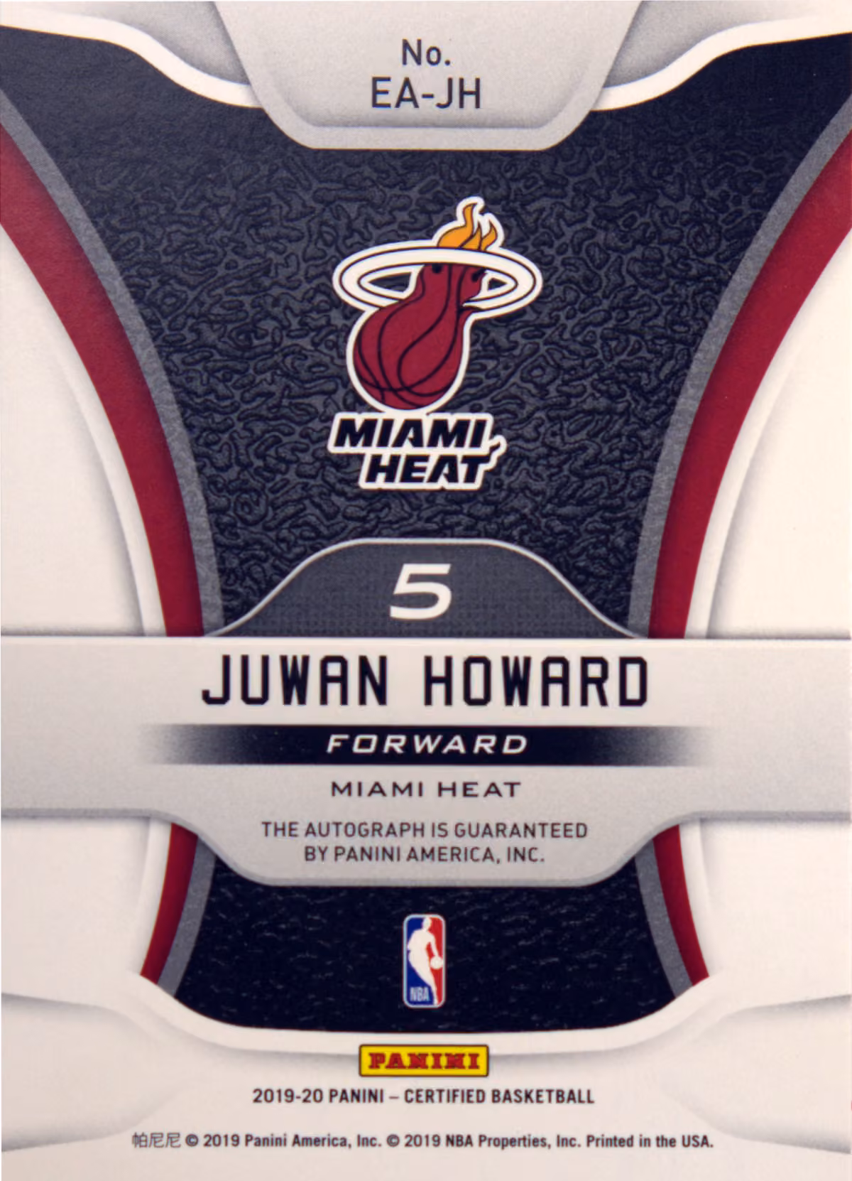 Back scan of 2019-20 Panini Certified Juwan Howard showing stats for Miami Heat - Juwan Howard Collector Private Collection