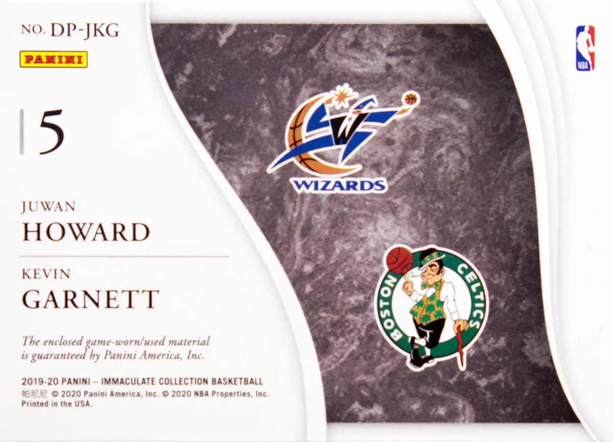 Back view of Juwan Howard 2019-20 Panini Immaculate Collection #DP-JKG showing stats for Washington Wizards