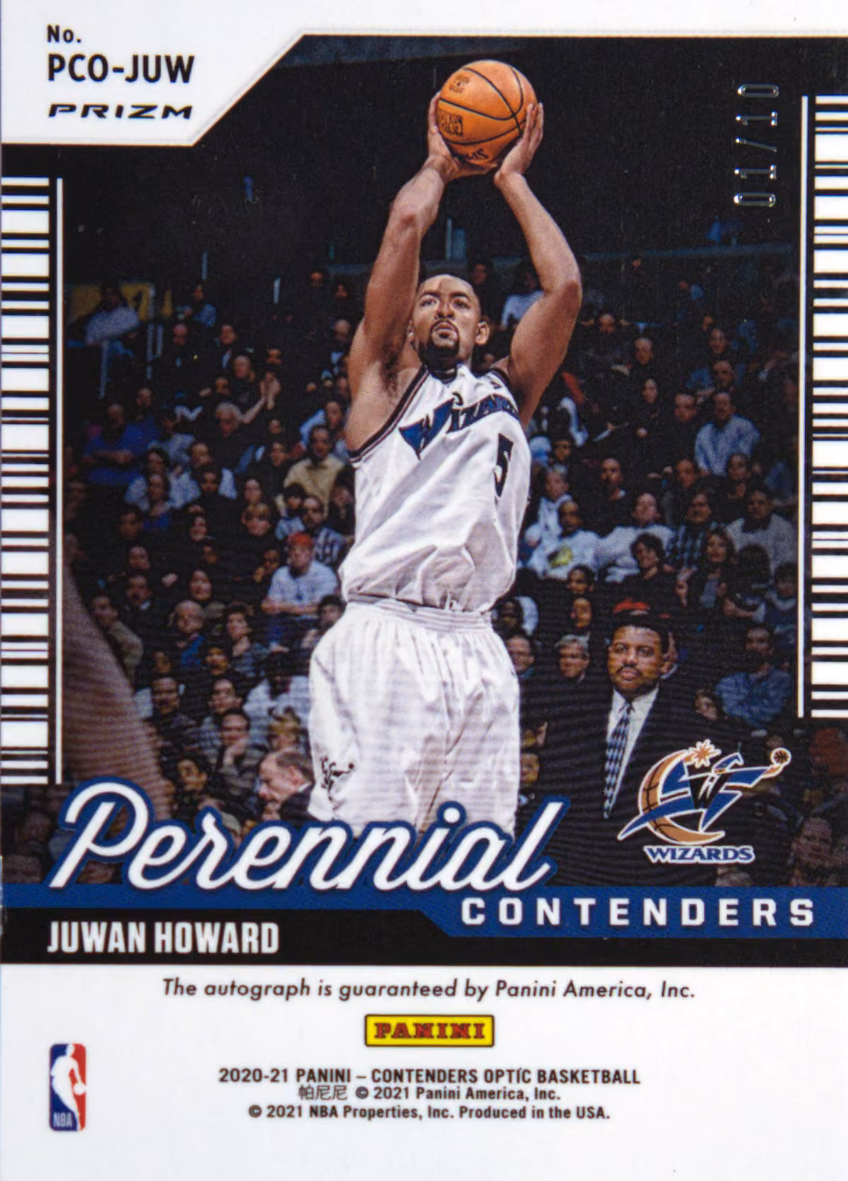 Back scan of 2020-21 Panini Contenders Optic Juwan Howard showing stats for Washington Wizards - Juwan Howard Collector Private Collection