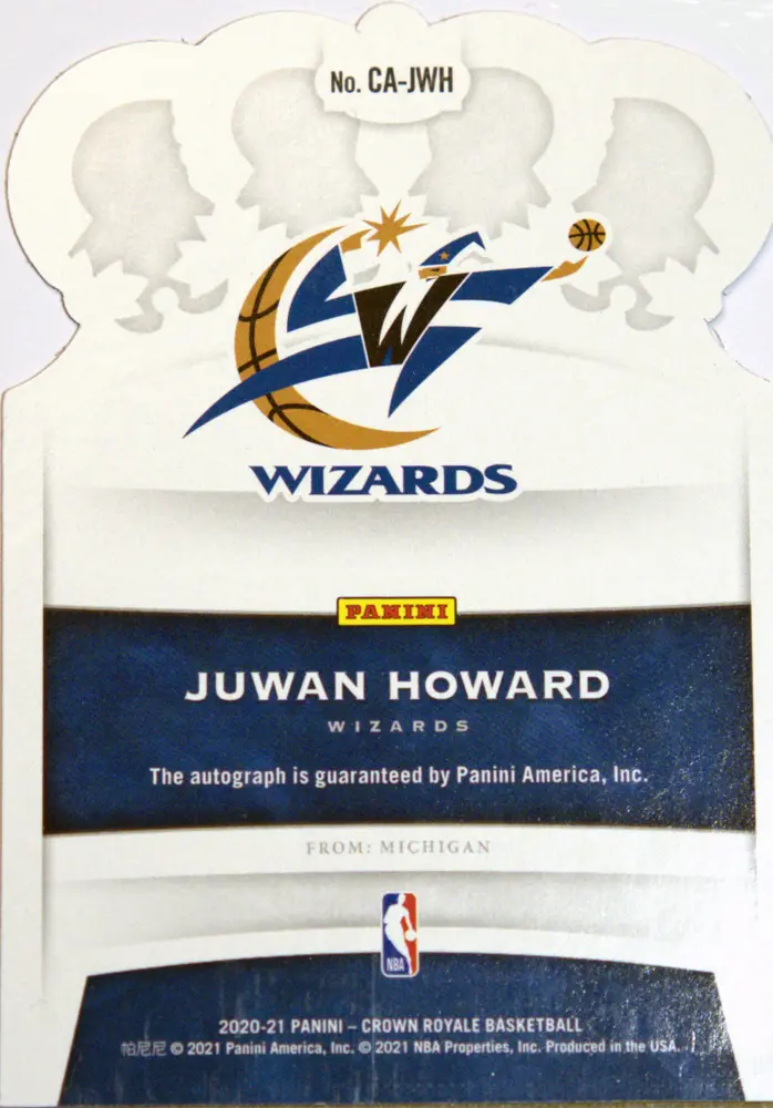 Back view of Juwan Howard 2020-21 Panini Crown Royale #CA-JWH showing stats for Washington Wizards