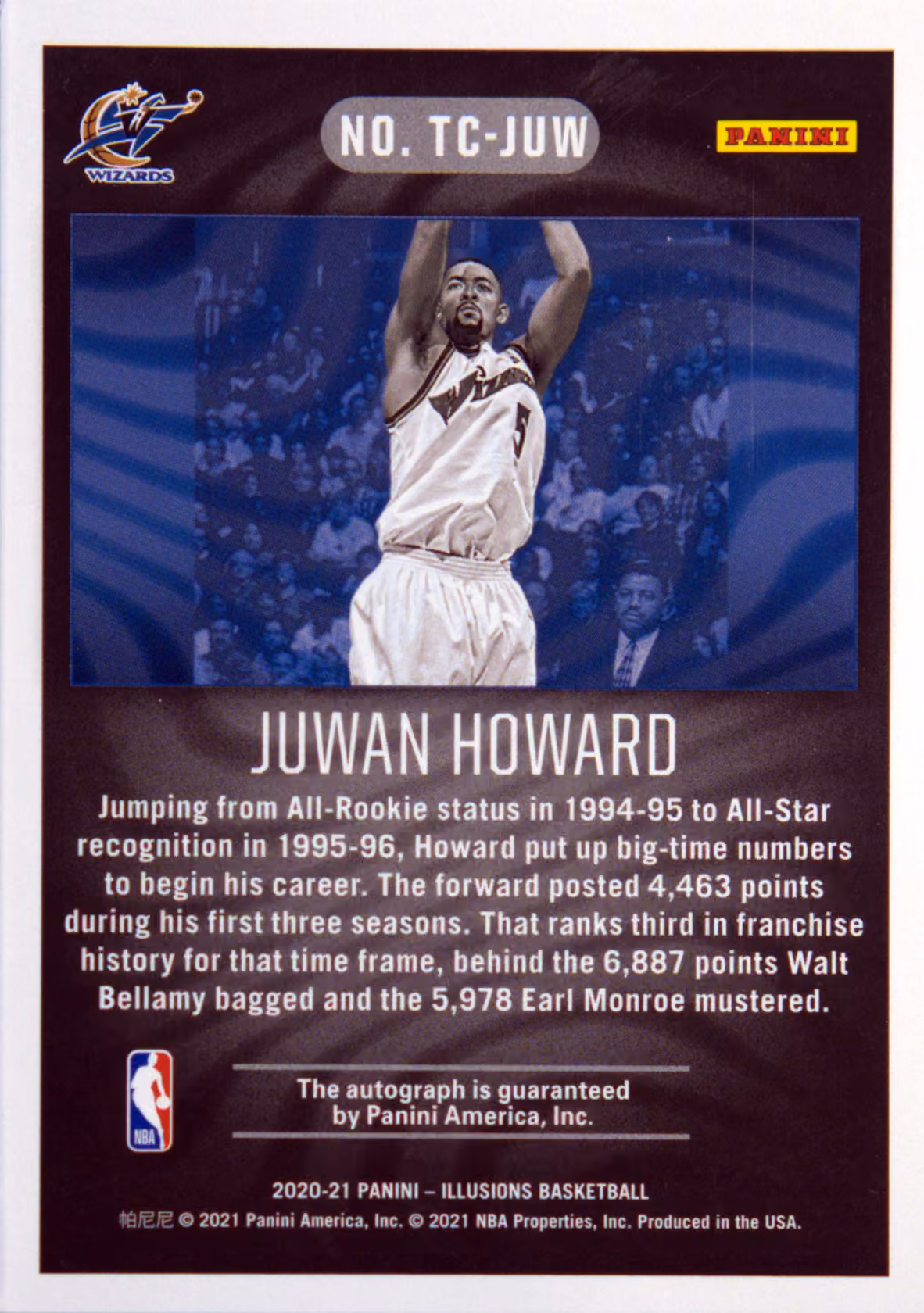 Back scan of 2020-21 Panini Illusions Juwan Howard showing stats for Washington Wizards - Juwan Howard Collector Private Collection