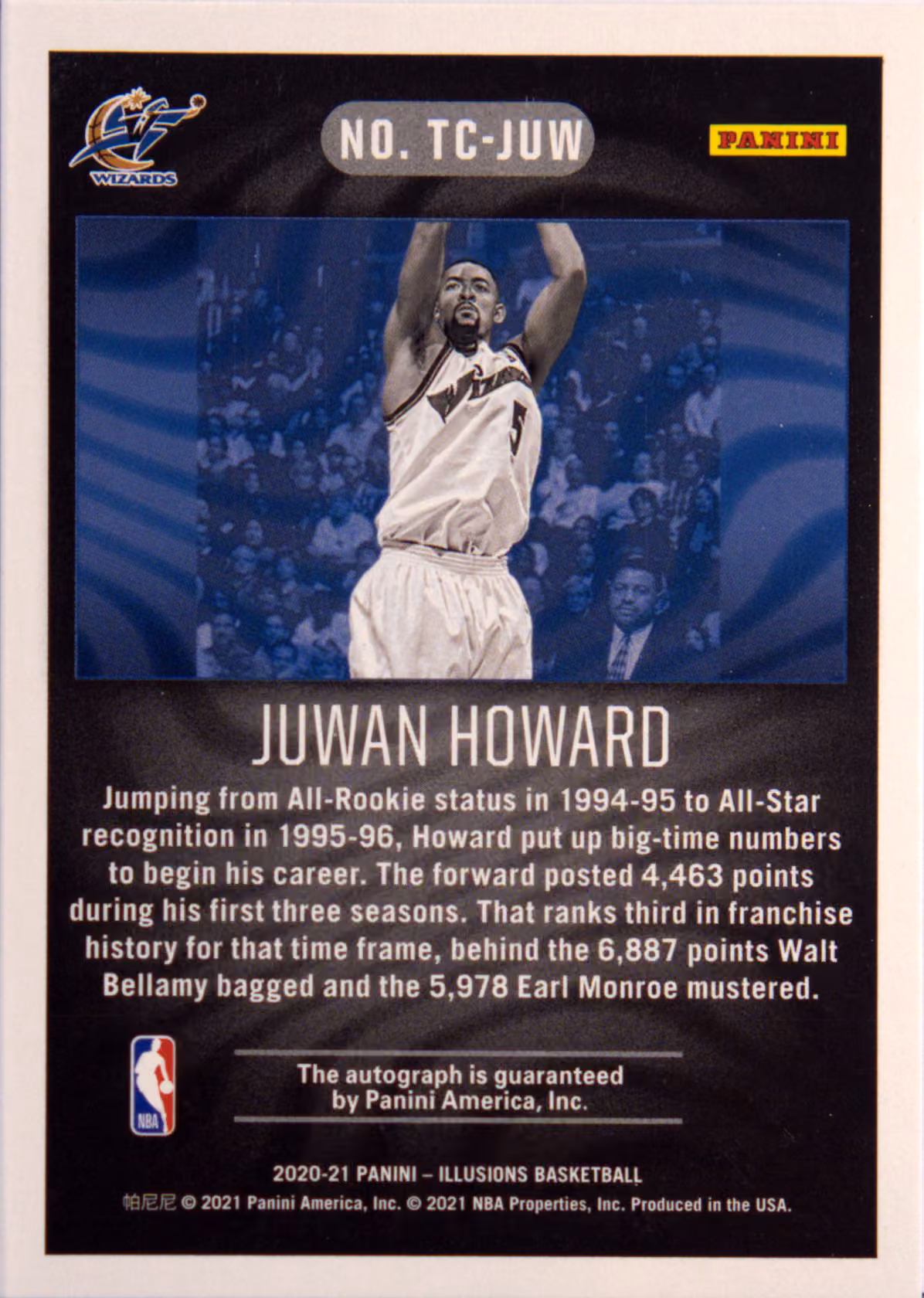 Back scan of 2020-21 Panini Illusions Juwan Howard showing stats for Washington Wizards - Juwan Howard Collector Private Collection