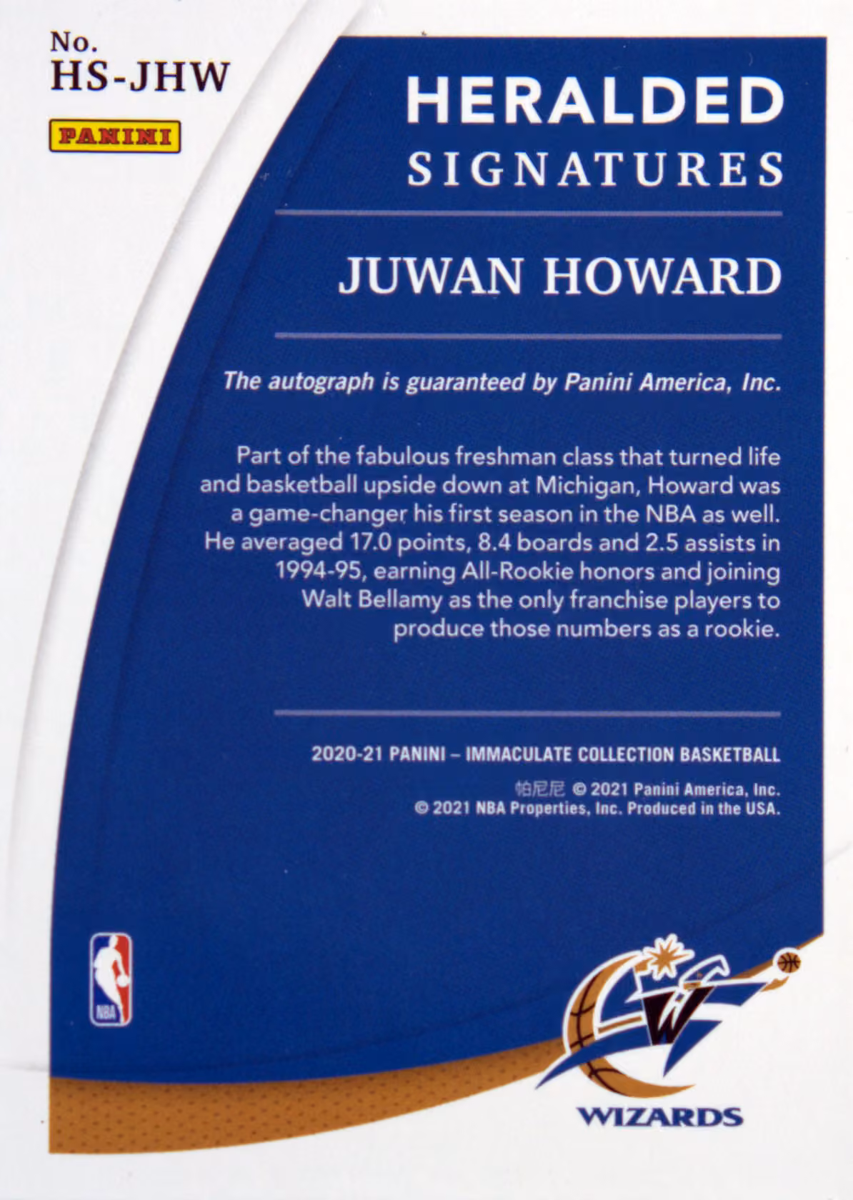 Back scan of 2020-21 Panini Immaculate Collection Juwan Howard showing stats for Washington Wizards - Juwan Howard Collector Private Collection