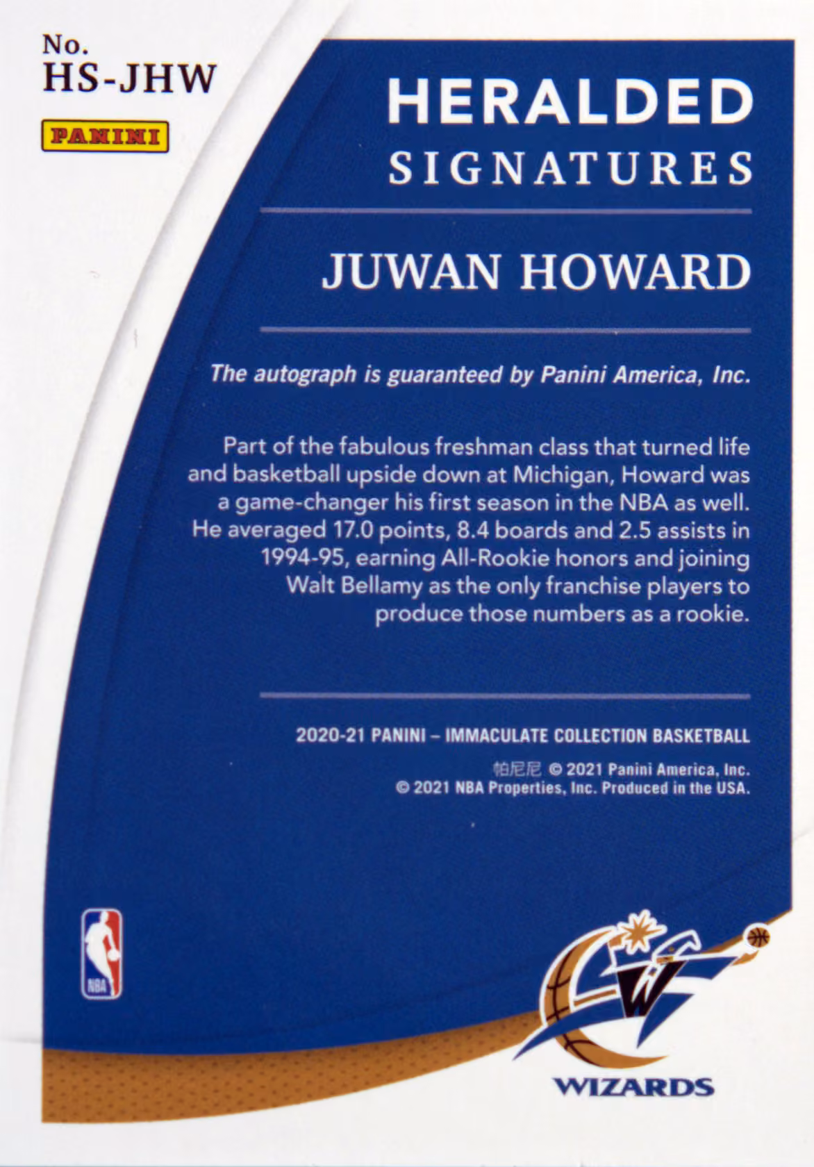 Back scan of 2020-21 Panini Immaculate Collection Juwan Howard showing stats for Washington Wizards - Juwan Howard Collector Private Collection